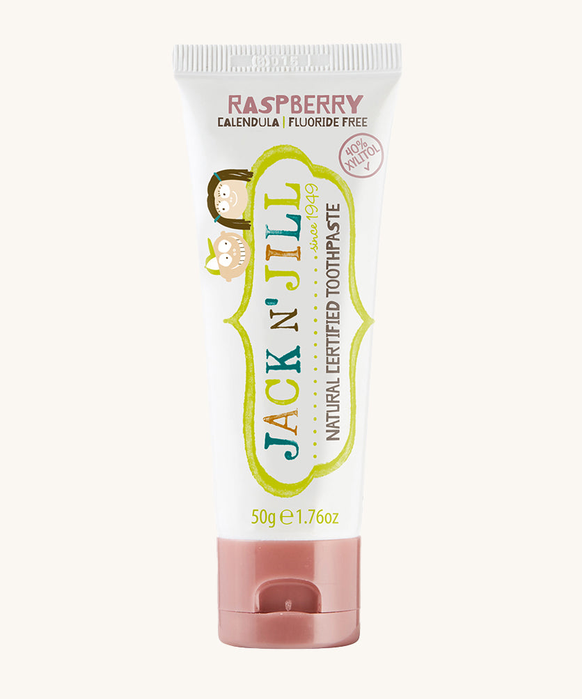 A 50g tube of Jack N' Jill raspberry flavoured fluoride free kid's toothpaste. 
