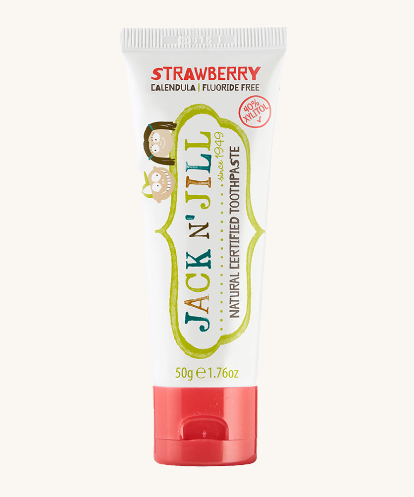 A 50g tube of Jack N' Jill Strawberry flavoured fluoride free kid's toothpaste. 
