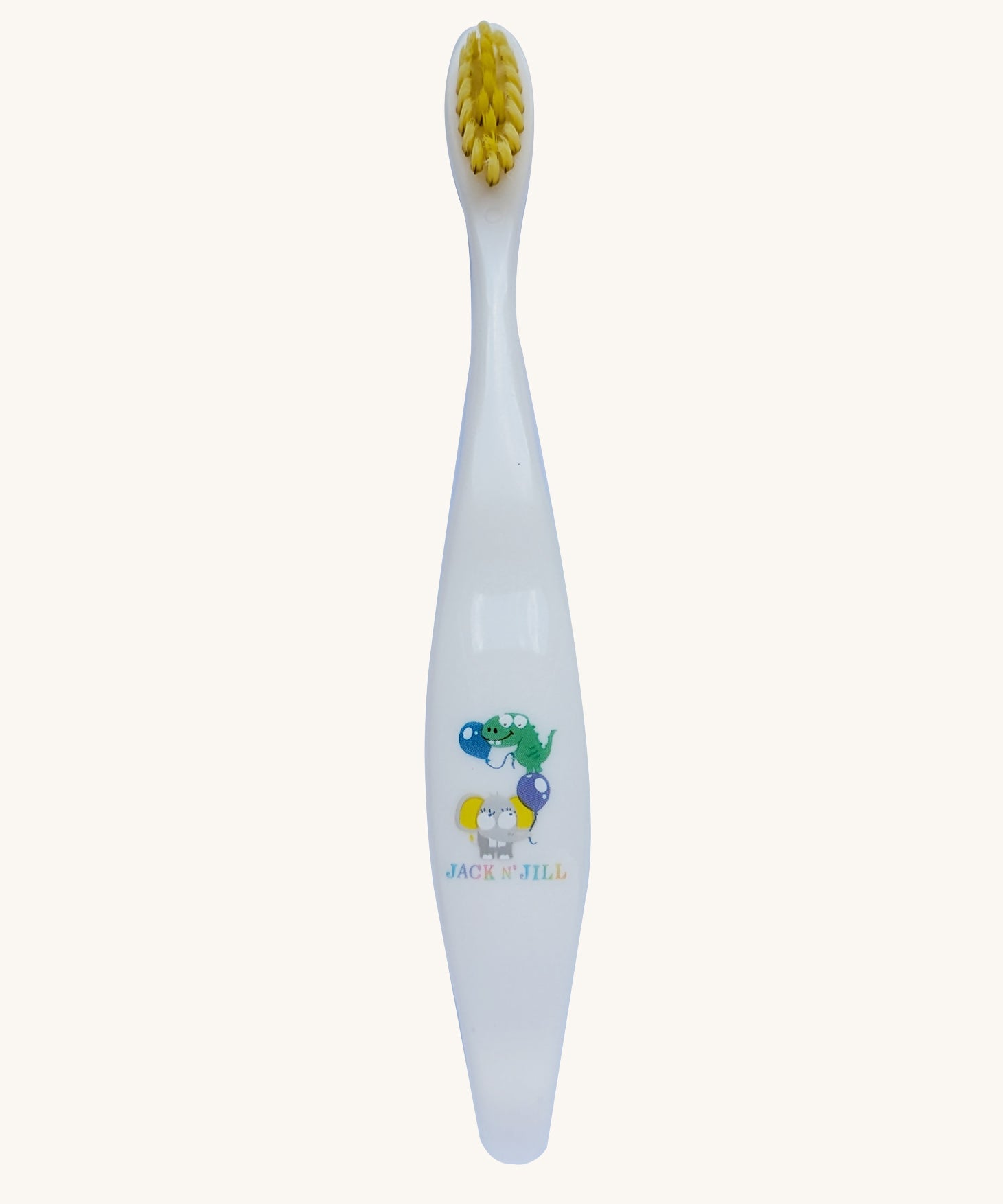 A Jack N' Jill soft bristled children's toothbrush. This toothbrush has yellow bristles and features crocodile and elephant characters on it.