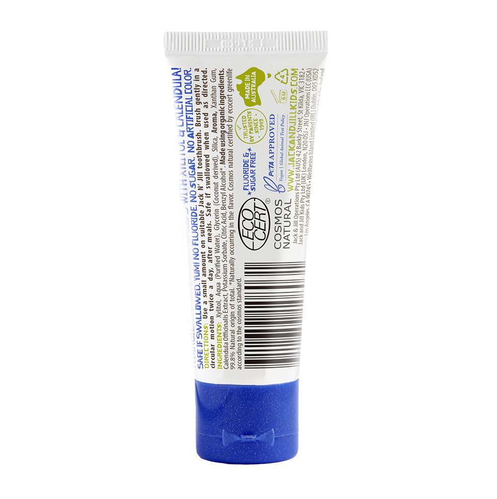 The back of the Jack N Jill kids natural toothpaste in a bubblegum flavour, showing the ingredients list and natural certifications.