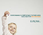Child holding a Jack N Jill Bio Toothbrush up in the air next to a quote reading
