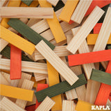 A mix of natural, burnt orange, forest green, and sunshine yellow wooden engineering and building plank blocks from Kapla.