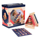 pink and dark blue stacking wooden toy blocks set on a white background
