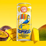 Karma organic tropikool mango & passion fruit soda in yellow coloured illustrated can surrounded by cut passion fruit and mango.
