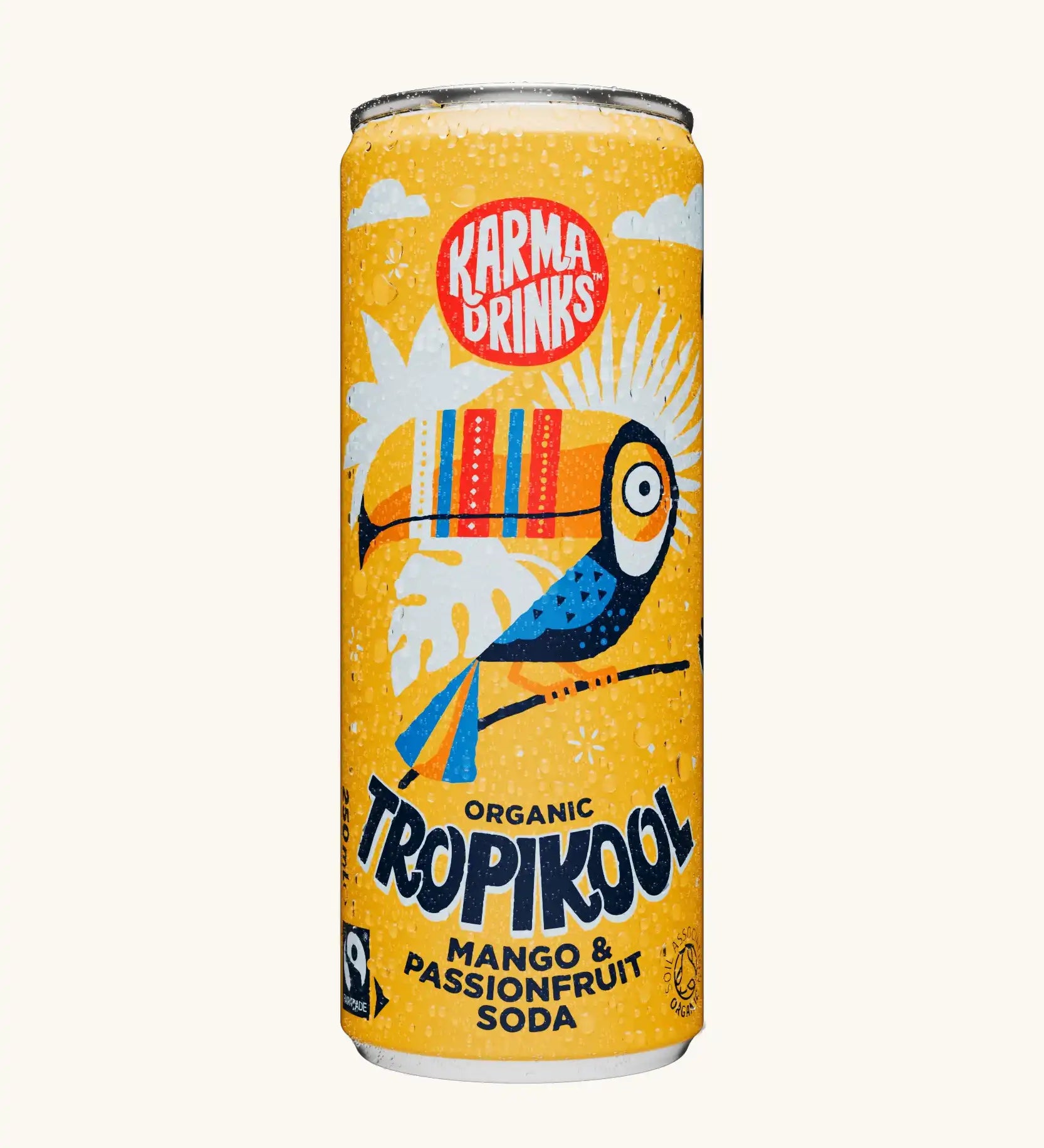Karma organic tropikool mango & passionfruit soda in yellow coloured illustrated can. 
