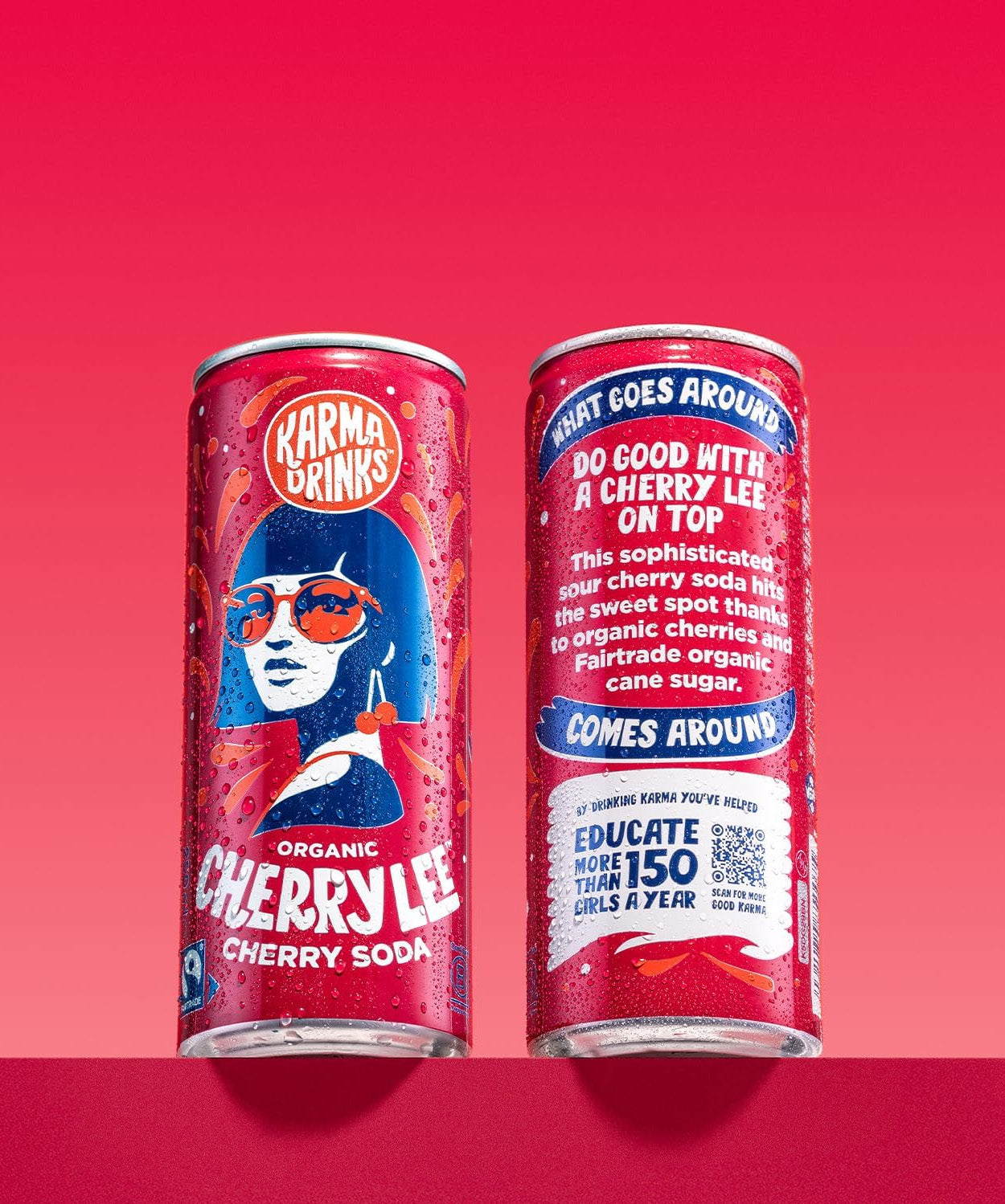 Two cans of Karma Drinks Cherry Lee organic cherry soda shown front and back against a bright red background, highlighting the Fairtrade logo, ingredient story, and ethical impact message.