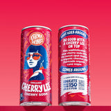 Two cans of Karma Drinks Cherry Lee organic cherry soda shown front and back against a bright red background, highlighting the Fairtrade logo, ingredient story, and ethical impact message.