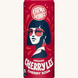 Close up of the Karma Drinks Cherry Lee organic cherryade can, featuring the bold red design and Fairtrade soft drink branding.