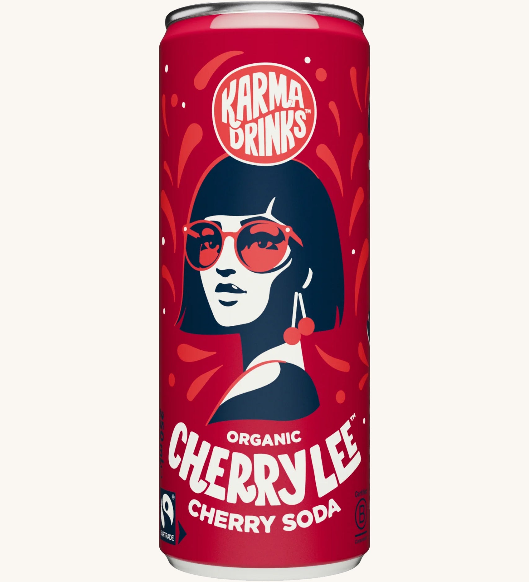 Close up of the Karma Drinks Cherry Lee organic cherryade can, featuring the bold red design and Fairtrade soft drink branding.