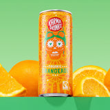 Karma Drinks Organic Orangeade can displayed with fresh oranges, highlighting the Fairtrade Valencia orange ingredients and vibrant citrus flavour.