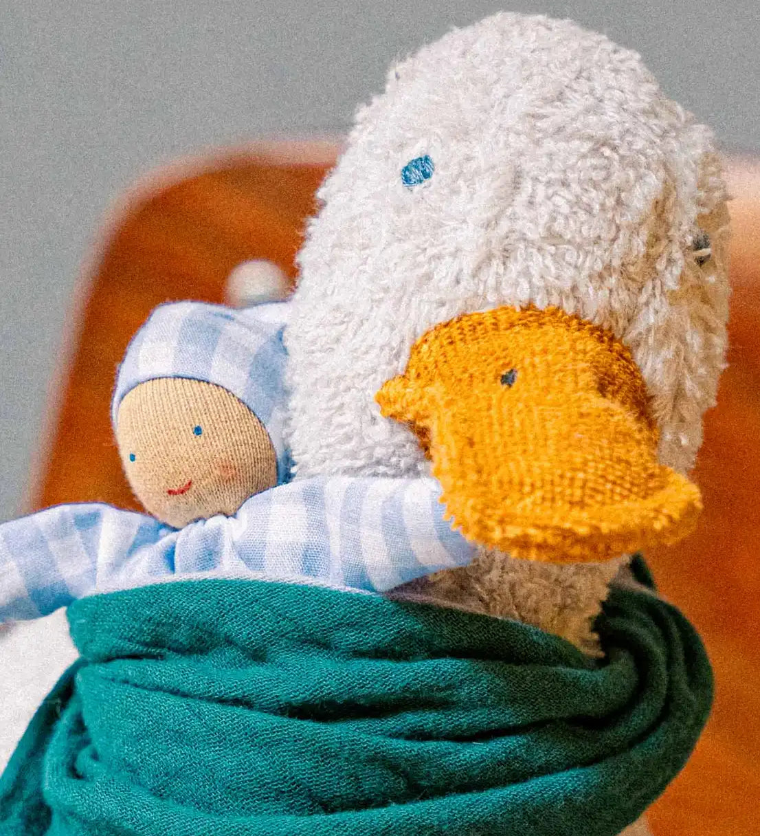 Close up of yellow beak on the Käthe Kruse white Enzo Duck.