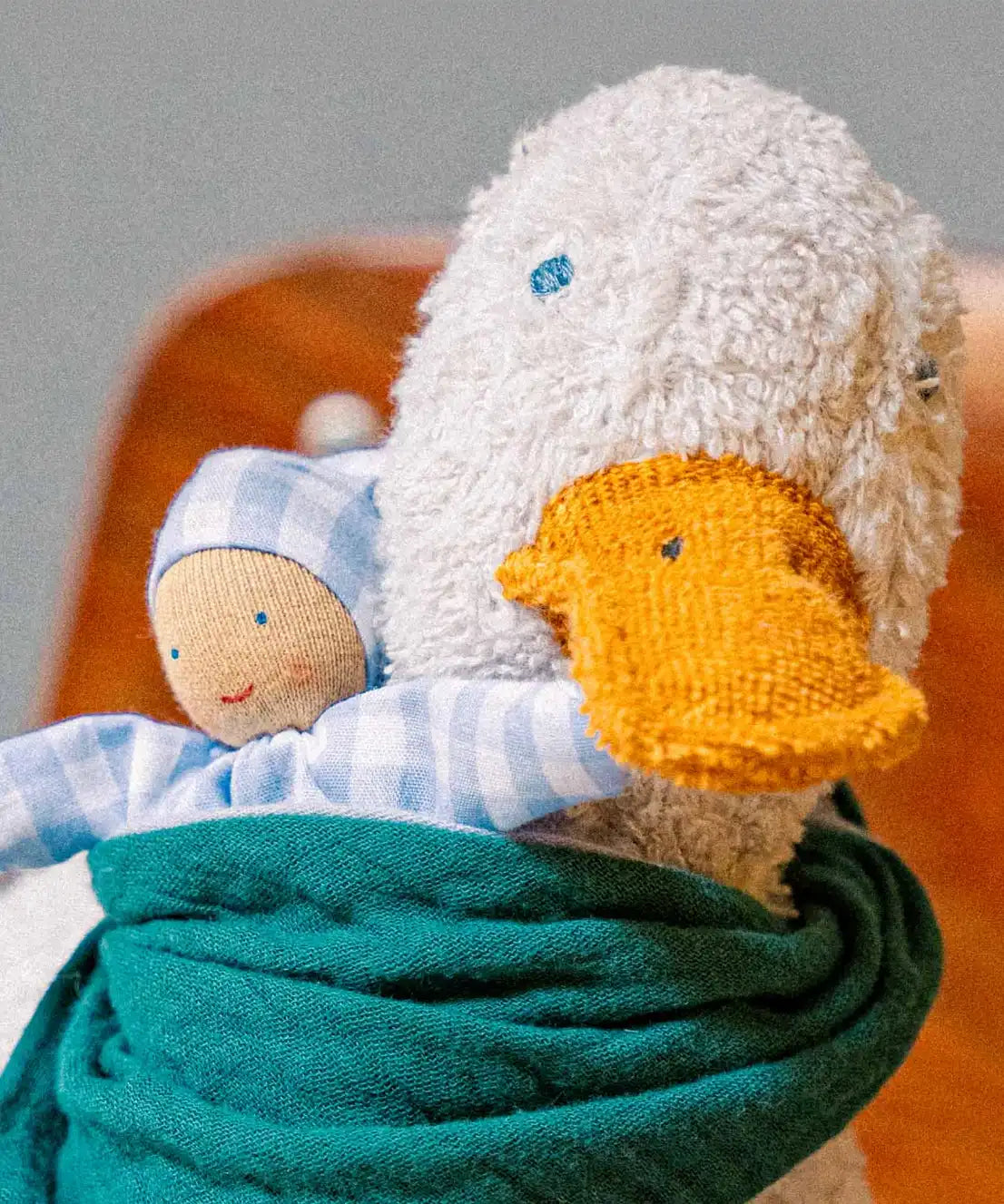 Close up of yellow beak on the Käthe Kruse white Enzo Duck.