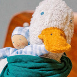Close up of yellow beak on the Käthe Kruse white Enzo Duck.