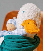 Close up of yellow beak on the Käthe Kruse white Enzo Duck.
