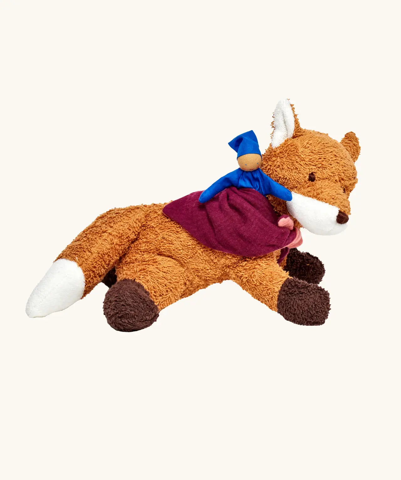 Kathe Kruse Finn the Fox comforter with small blue waldorf doll and muslin bib