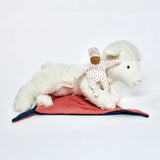 Kathe Kruse lying white lamb comforter with small white waldorf doll and muslin bib