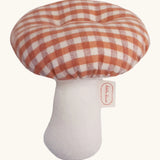 A Kathe Kruse mushroom soft grabber toy. Showing a red gingham cap and white stem
