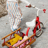 Child pulling a bicycle with a trailer holding Kathe Kruse saffron doll and a pink waldorf doll 
