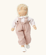 Käthe Kruse Waldorf doll Hannah with blond hair and white skin. Light pink dungarees, white red spotted shirt, cream bonnet and white shoes. 
