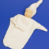 Käthe Kruse natural white small Waldorf Imp doll baby comforter made with cotton muslin with one arm folded in.