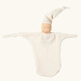 Käthe Kruse natural white small Waldorf Imp doll baby comforter made with cotton muslin. Knotted hat and one knotted arm.