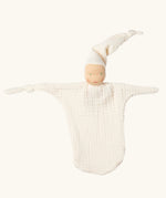 Käthe Kruse natural white small Waldorf Imp doll baby comforter made with cotton muslin. Knotted hat and one knotted arm.