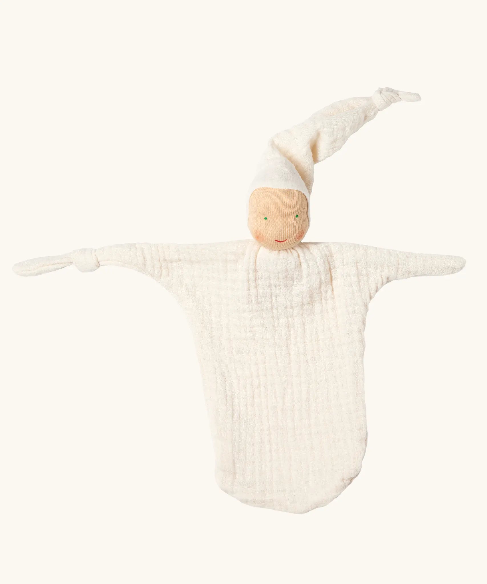 Käthe Kruse natural white small Waldorf Imp doll baby comforter made with cotton muslin. Knotted hat and one knotted arm.