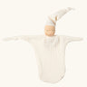 Käthe Kruse natural white small Waldorf Imp doll baby comforter made with cotton muslin. Knotted hat and one knotted arm.