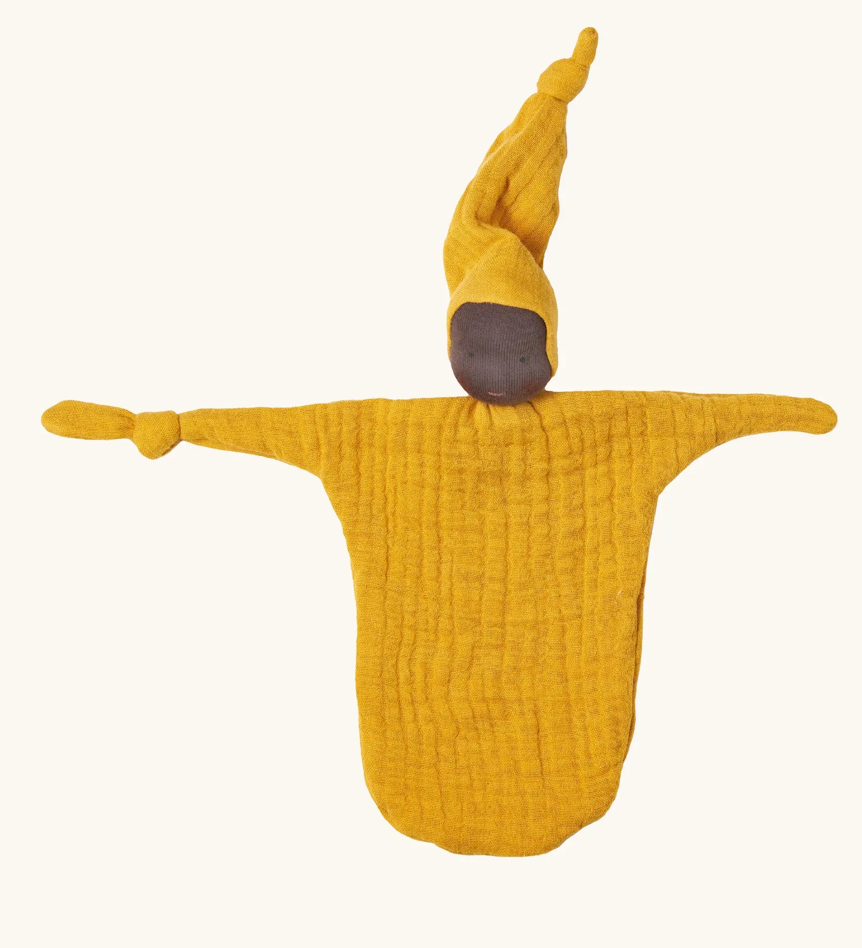 Käthe Kruse small Waldorf Imp comforter doll with ochre yellow outfit and hat and dark skin. 