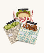 Keep Leaf large baggie in geo new fruit and mesh design. A cream colour organic cotton pouch for food with food inside for size reference