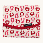 Keep Leaf food wrap in new fruit design. A cream colour organic cotton wrap for food with red apple and pear outlines printed all over and light pink trim. Features a velcro lid for easy fastening