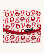 Keep Leaf food wrap in new fruit design. A cream colour organic cotton wrap for food with red apple and pear outlines printed all over and light pink trim. Features a velcro lid for easy fastening