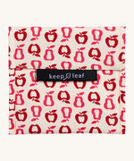 Keep Leaf large baggie in new fruit design. A cream colour organic cotton pouch for food with red apples and pears outlines printed all over. Features a velcro lid for easy fastening