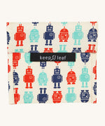 Keep Leaf large baggie in robot design. A cream colour organic cotton pouch for food with playful blue and red robots printed all over. Features a velcro lid for easy fastening