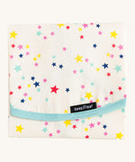 Keep Leaf food wrap in stars design. A cream colour organic cotton wrap for food with multicoloured stars printed all over and light blue trim. Features a velcro lid for easy fastening