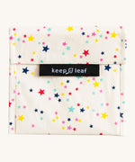 Keep Leaf large baggie in stars design. A cream colour organic cotton pouch for food with multi coloured stars printed all over. Features a velcro lid for easy fastening