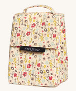 Keep Leaf insulated lunchbag in bloom design. A cream colour organic cotton bag  with light cute flowers printed all over. Features a handle for carrying and a velcro lid. 