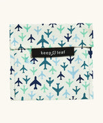 Keep Leaf large baggie with a repeating blue plane design. A cream colour organic cotton pouch for food. Features a velcro lid for easy fastening