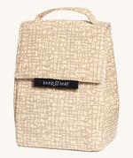 Keep Leaf insulated lunchbag in mesh design. A cream colour organic cotton bag  with grey abstract mesh lines printed all over. Features a handle for carrying and a velcro lid. 