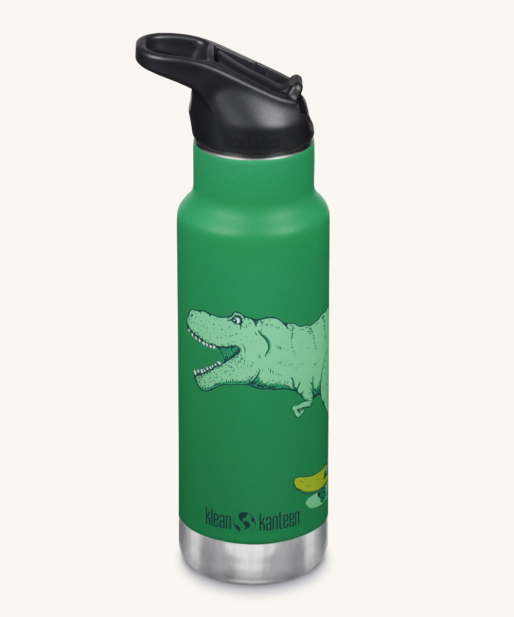 A Kid Kanteen 12oz Insulated Flip Seal Sport Cap Bottle. A green stainless steel bottle with dinosaur riding a skateboard on the bottle. 