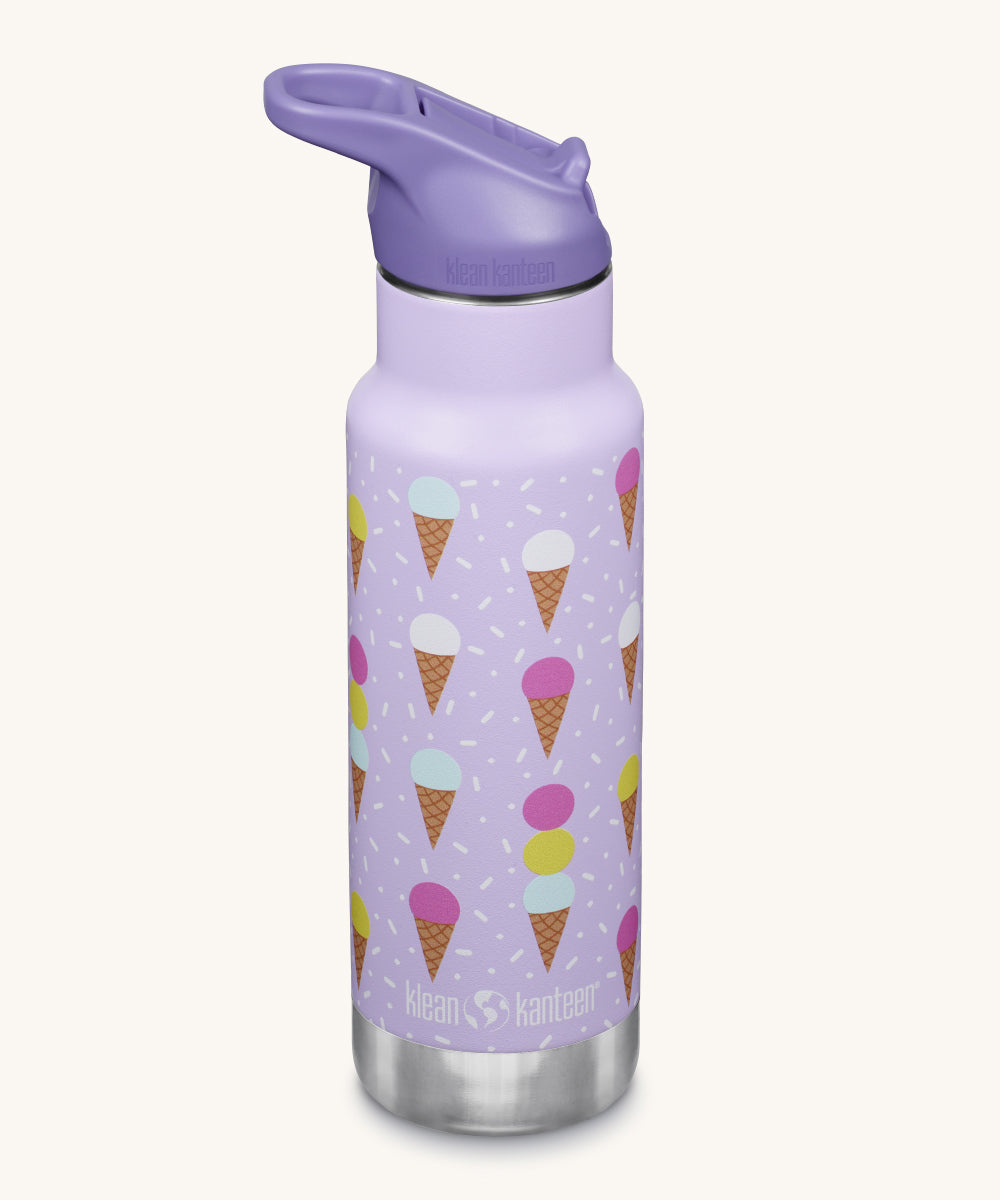 A Kid Kanteen 12oz Insulated Flip Seal Sport Cap Bottle. A lilac purple stainless steel bottle with an ice cream print. 
