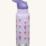 A Kid Kanteen 12oz Insulated Flip Seal Sport Cap Bottle. A lilac purple stainless steel bottle with an ice cream print. 