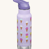 A Kid Kanteen 12oz Insulated Flip Seal Sport Cap Bottle. A lilac purple stainless steel bottle with an ice cream print. 