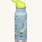 A Kid Kanteen 12oz Insulated Flip Seal Sport Cap Bottle. A light grey blue 
 stainless steel bottle with a launch plan themed print.