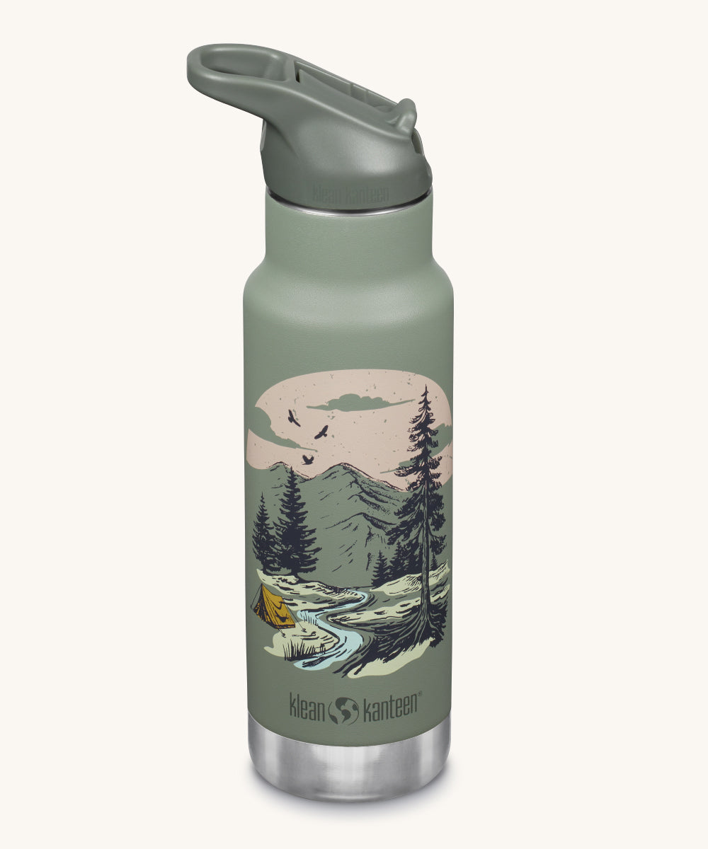 A Kid Kanteen 12oz Insulated Flip Seal Sport Cap Bottle. A green stainless steel bottle with a mountain scape print. 