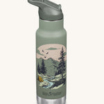 A Kid Kanteen 12oz Insulated Flip Seal Sport Cap Bottle. A green stainless steel bottle with a mountain scape print. 