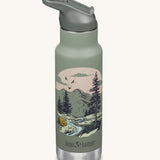 A Kid Kanteen 12oz Insulated Flip Seal Sport Cap Bottle. A green stainless steel bottle with a mountain scape print. 