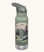 A Kid Kanteen 12oz Insulated Flip Seal Sport Cap Bottle. A green stainless steel bottle with a mountain scape print. 