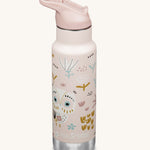 A Kid Kanteen 12oz Insulated Flip Seal Sport Cap Bottle. A light pink purple stainless steel bottle with an  Owlet print. 
