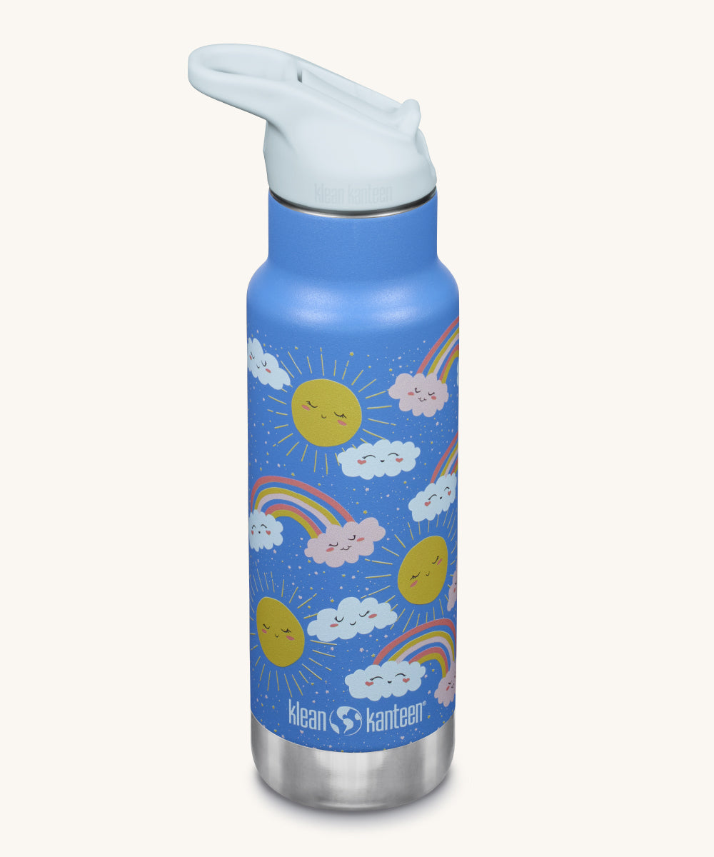 A Kid Kanteen 12oz Insulated Flip Seal Sport Cap Bottle. A blue stainless steel bottle with a rainbow print. 